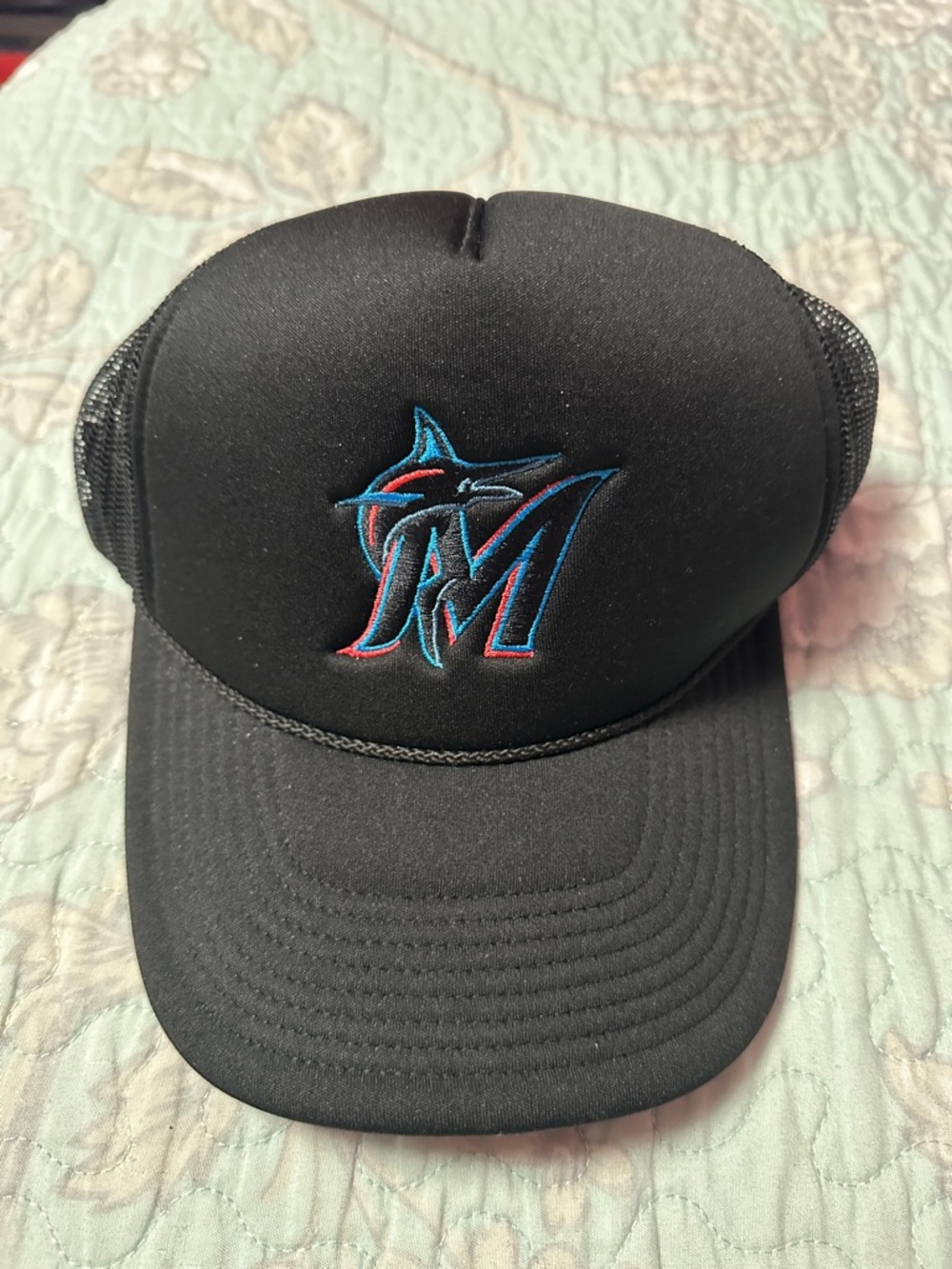 Miami Marlins ‘47 Brand Black Trucker Hat with Teal & Red Logo